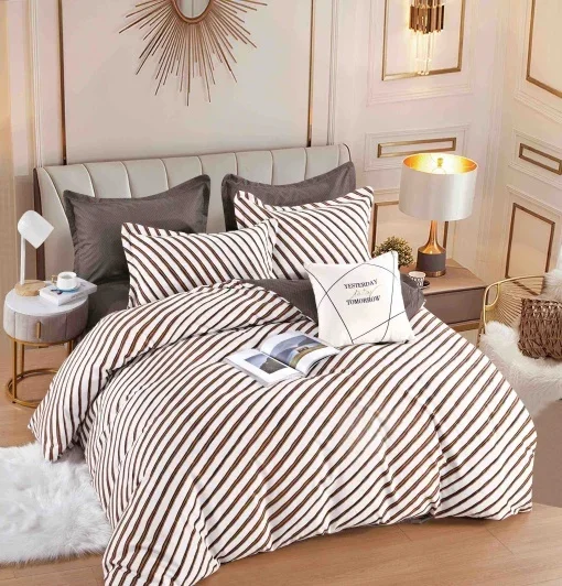 Set Lenjerie de Pat Dublu Finet, 6 Piese – Cearceaf Pilotă, Cearceaf Pat și Fețe de Pernă, Dungi Elegante Maro și Gri — imagine 1