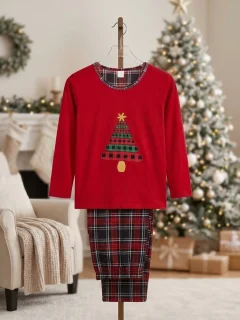 Pijama Dama Festiva de Craciun – Bluza Rosie cu Imprimeu Bradut si Pantaloni Carouri Red&Black