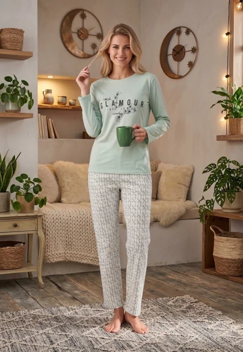 Pijama dama maneca lunga pantalon lungi verde print Glamur — imagine 1