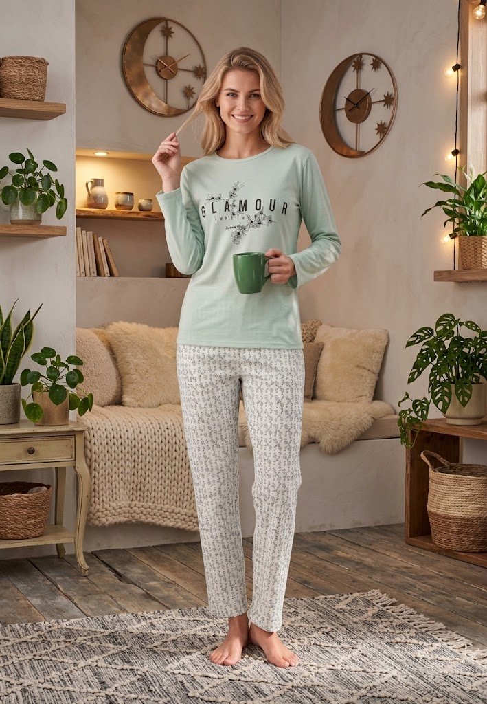 Pijama dama maneca lunga pantalon lungi verde print Glamur