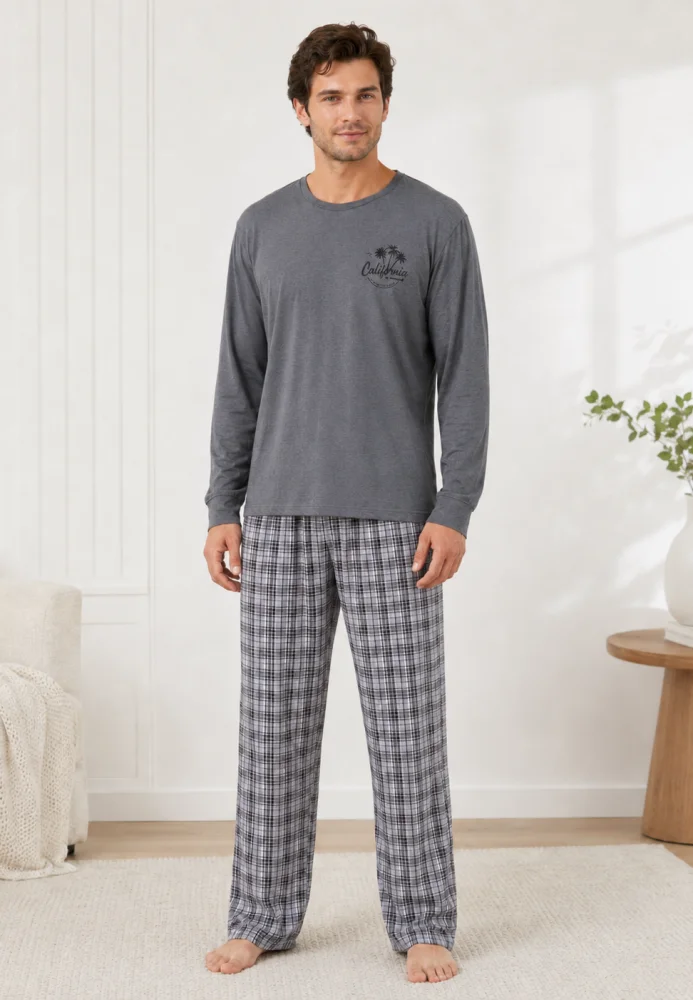 Pijama bărbați, Bluză gri cu imprimeu "California" și mânecă lungă, Pantalon lung în carouri gri