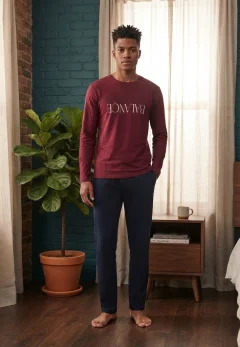 Pijama pentru bărbați, Bluză mânecă lungă cu imprimeu „BALANCE” și Pantalon lung