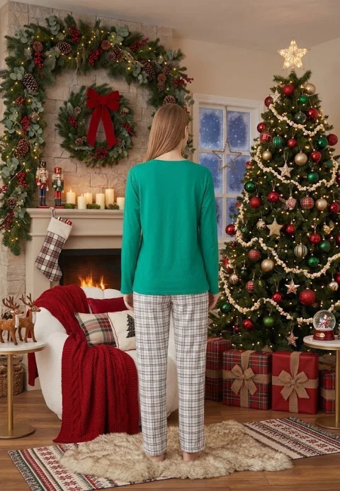 Pijama Dama Craciun Verde Maneca Lunga Pantalon Lungi Ren — imagine 2