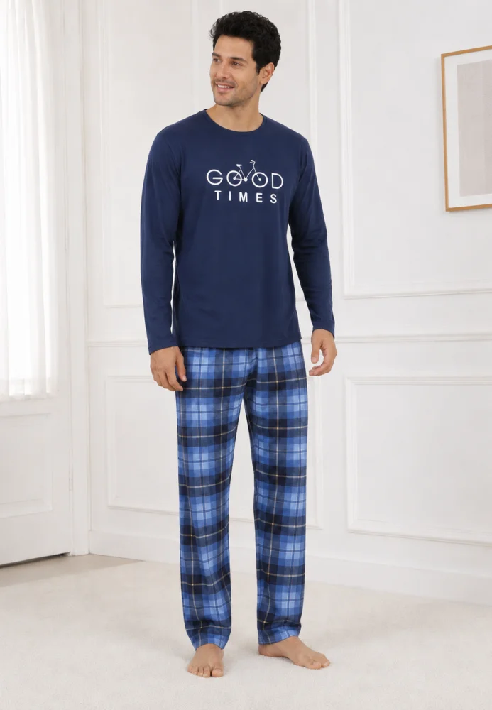 Pijama Bărbați cu Mânecă Lungă, Bluză cu Imprimeu Cărți de Joc și Pantalon în Carouri
