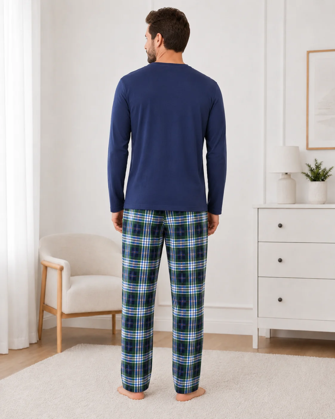 Pijama bărbați, Bluză cu gât în V și mânecă lungă, Pantalon lung în carouri,bluemarin