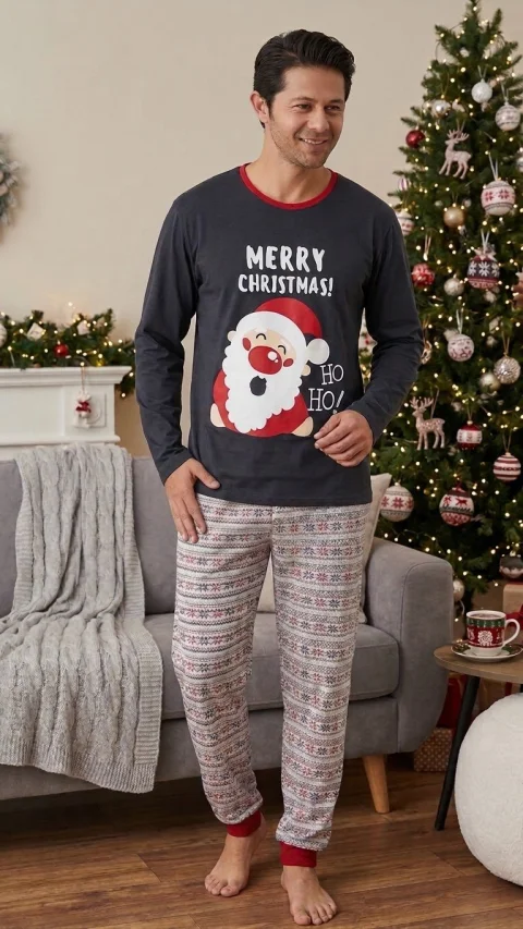 Pijamale de Crăciun pentru Bărbați, Merry Christmas cu Moș Crăciun, GrBluemarin/Multicolor — imagine 1