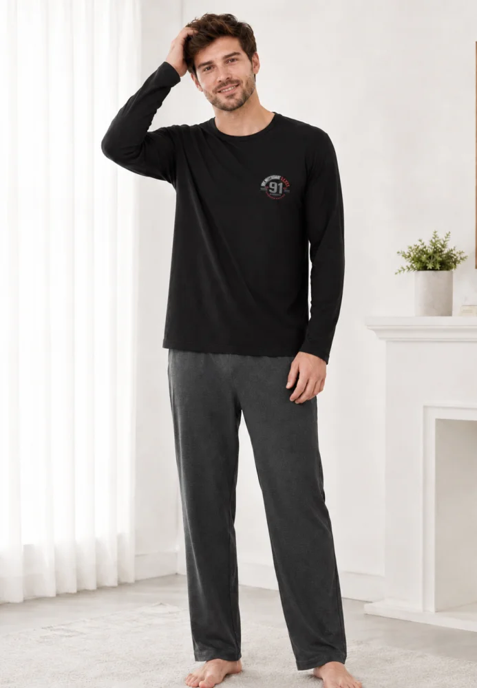 Pijama Bărbați cu Mânecă Lungă, Bluză Neagră cu Imprimeu și Pantalon Lung Gri
