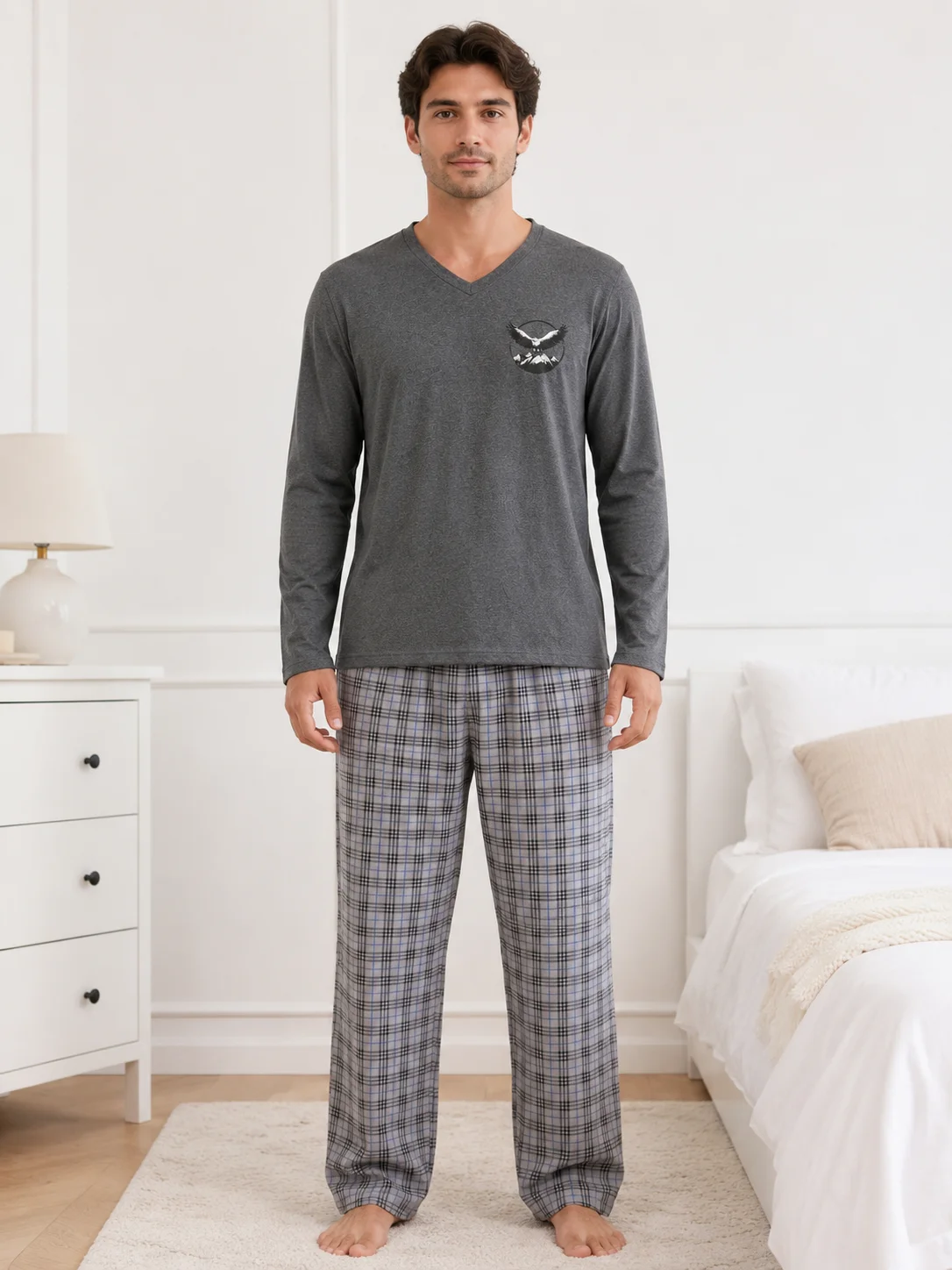 Pijama bărbați, Bluză cu mânecă lungă și decolteu în V cu imprimeu piept, Pantalon lung în carouri,