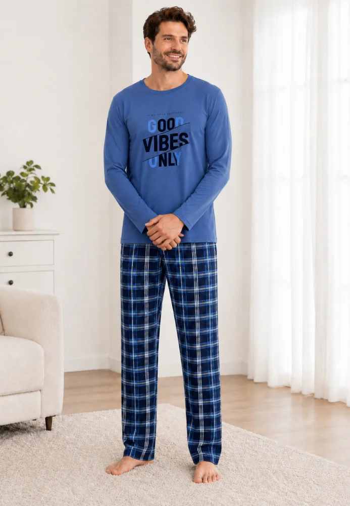 Pijama elegantă bărbați, Bluză albastră cu mânecă lungă și pantaloni în carouri, Loungewear