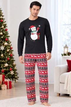 Pijama Bărbați de Crăciun, Neagră cu Om de Zăpadă și Pantaloni Festivi