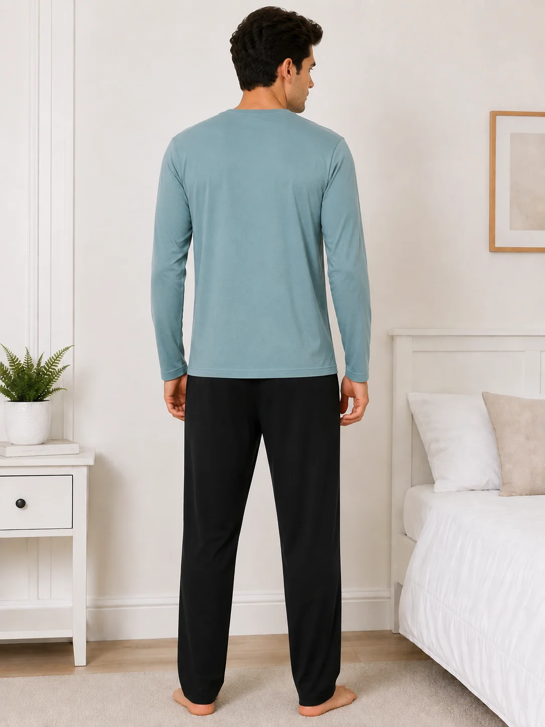 Pijama barbati cu maneca lunga si pantalon lung-albastru deschis — imagine 2