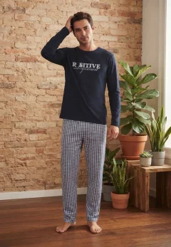 Pijama pentru bărbați, Bluză mânecă lungă cu imprimeu „Positive Department” și Pantalon lung în carouri mici