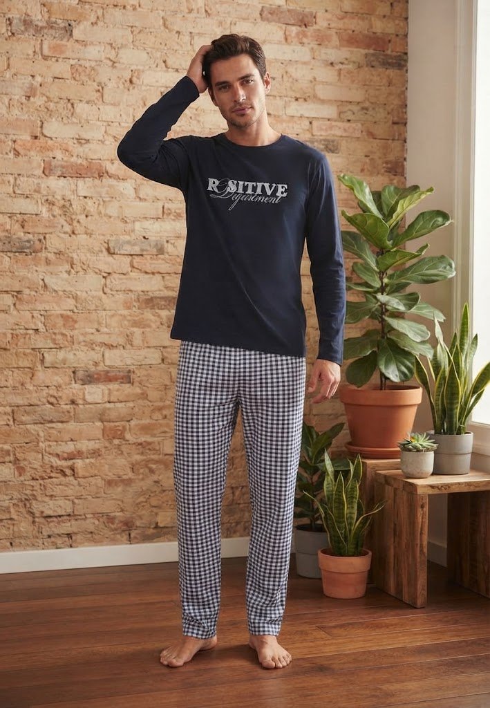 Pijama pentru bărbați, Bluză mânecă lungă cu imprimeu „Positive Department” și Pantalon lung în carouri mici