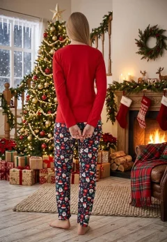 Pijama dama craciun roșu, model om de zăpadă, set cu mânecă lungă și pantaloni lungi