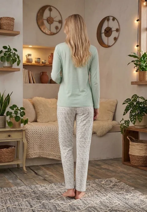 Pijama dama maneca lunga pantalon lungi verde print Glamur — imagine 2