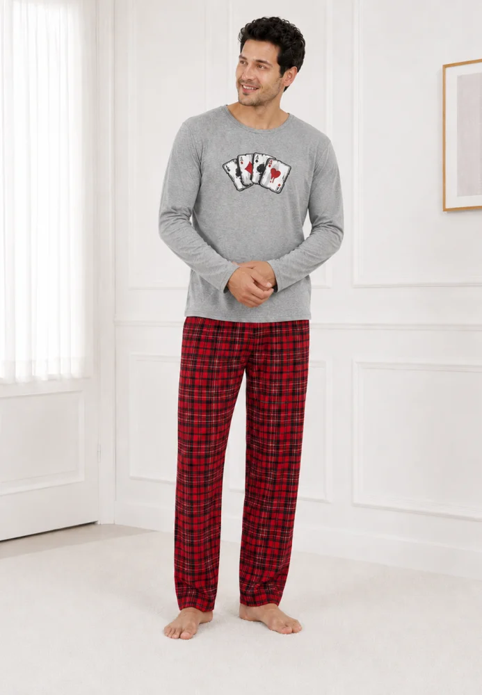 Pijama Bărbați cu Mânecă Lungă, Bluză Gri cu Imprimeu Cărți de Joc și Pantalon în Carouri, Gri / Roșu