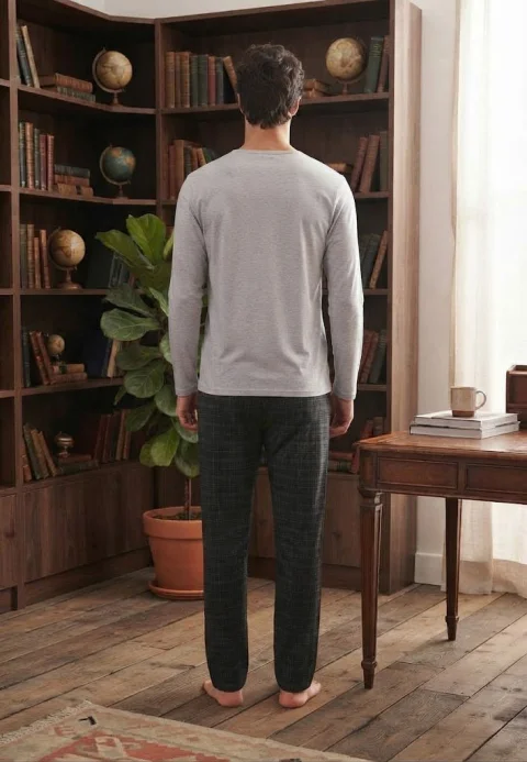 Pijama pentru bărbați, Bluză mânecă lungă cu imprimeu „Original” și Pantalon lung în carouri — imagine 2