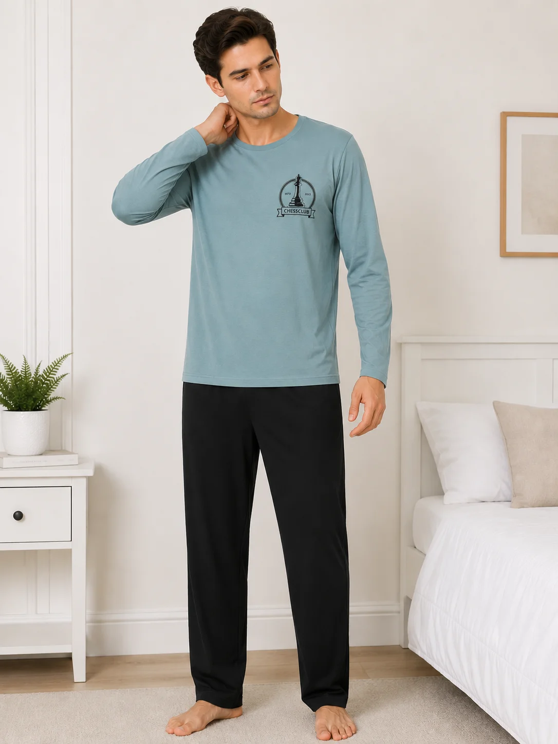 Pijama barbati cu maneca lunga si pantalon lung-albastru deschis