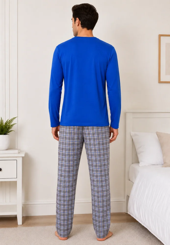 Pijama bărbați, Bluză cu mânecă lungă și decolteu în V cu imprimeu piept, Pantalon lung în carouri,Albastru