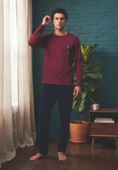 Pijama pentru bărbați, Bluză mânecă lungă cu imprimeu discret și Pantalon lung