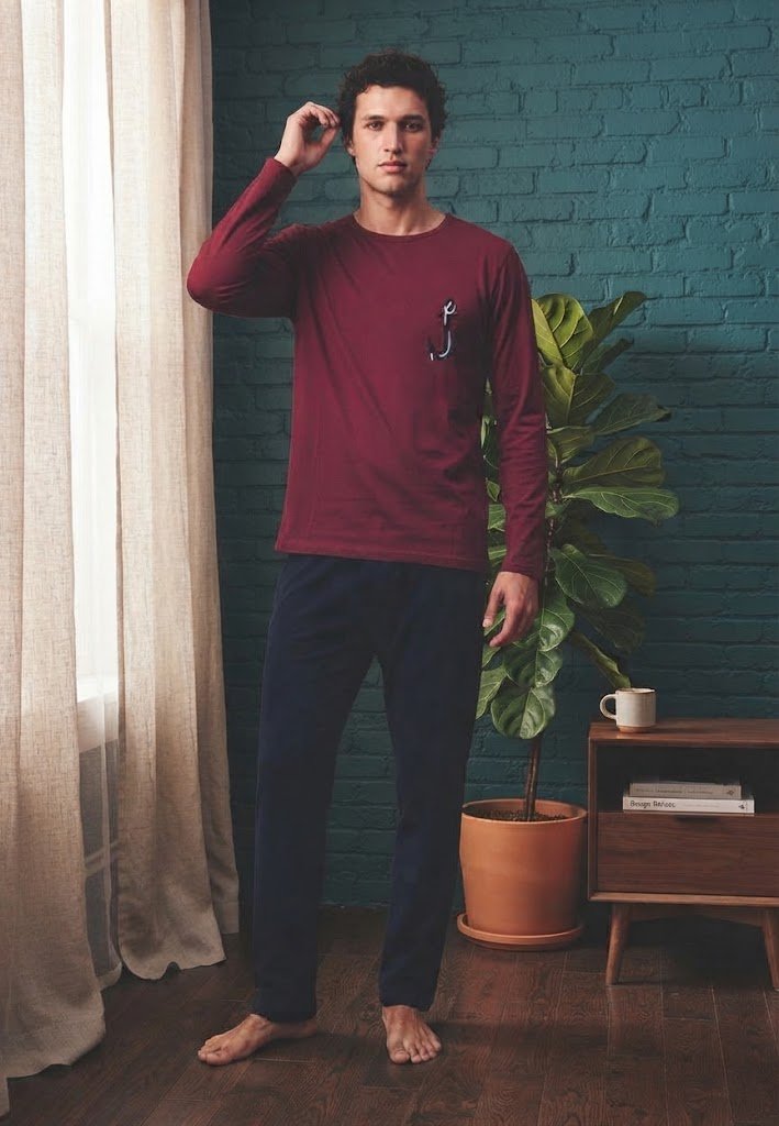 Pijama pentru bărbați, Bluză mânecă lungă cu imprimeu discret și Pantalon lung