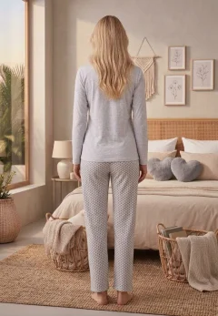 Pijama Damă Gri  bluză mânecă lungă și pantalon Imprimat, 'Beautiful'