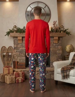 Pijama barbat Crăciun clasic roșu cu om de zăpadă, pijama completă cu mânecă lungă și pantaloni lungi