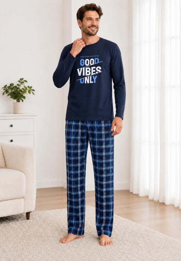 Pijama Bărbați cu Mânecă Lungă, Bluză Imprimeu „Good Vibes Only” și Pantalon în Carouri, Albastru / Bleumarin