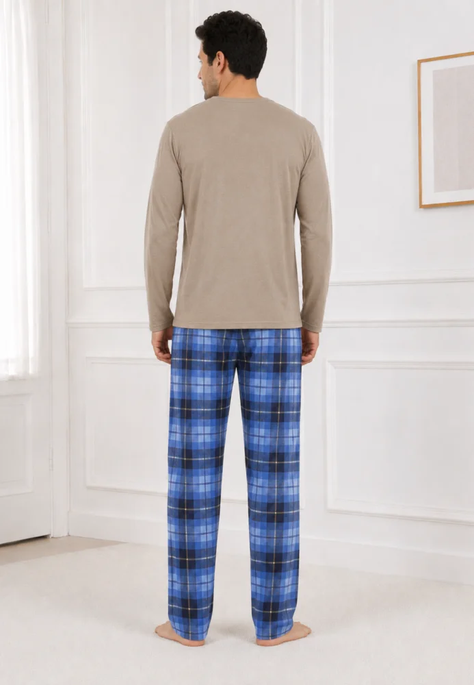 Pijama bărbați, Bluză bej cu mânecă lungă și imprimeu "Good Times", Pantalon lung în carouri albastru/bleumarin