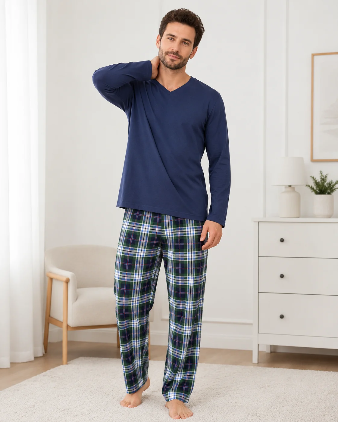 Pijama bărbați, Bluză cu gât în V și mânecă lungă, Pantalon lung în carouri,bluemarin — imagine 3