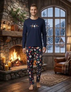Pijama barbat bleumarin de Crăciun cu imprimeu om de zăpadă, set cu mânecă lungă și pantaloni lungi