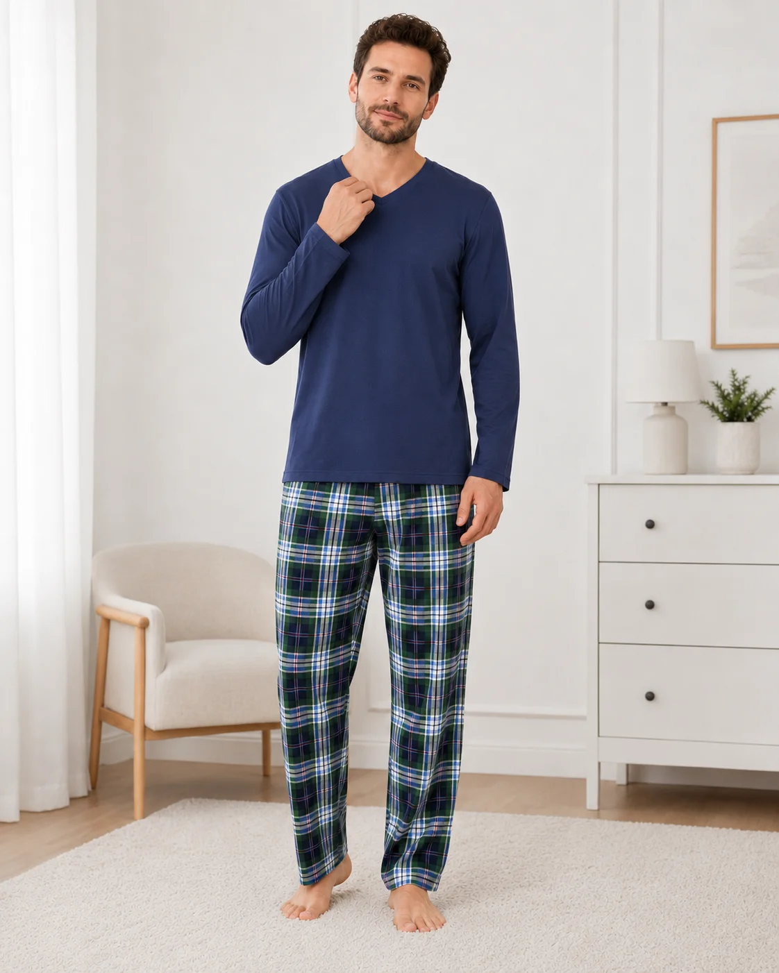 Pijama bărbați, Bluză cu gât în V și mânecă lungă, Pantalon lung în carouri,bluemarin
