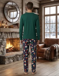 Pijama de Crăciun Bărbați Verde din Bumbac – Set Festiv cu Bluză Verde și Pantaloni Imprimați