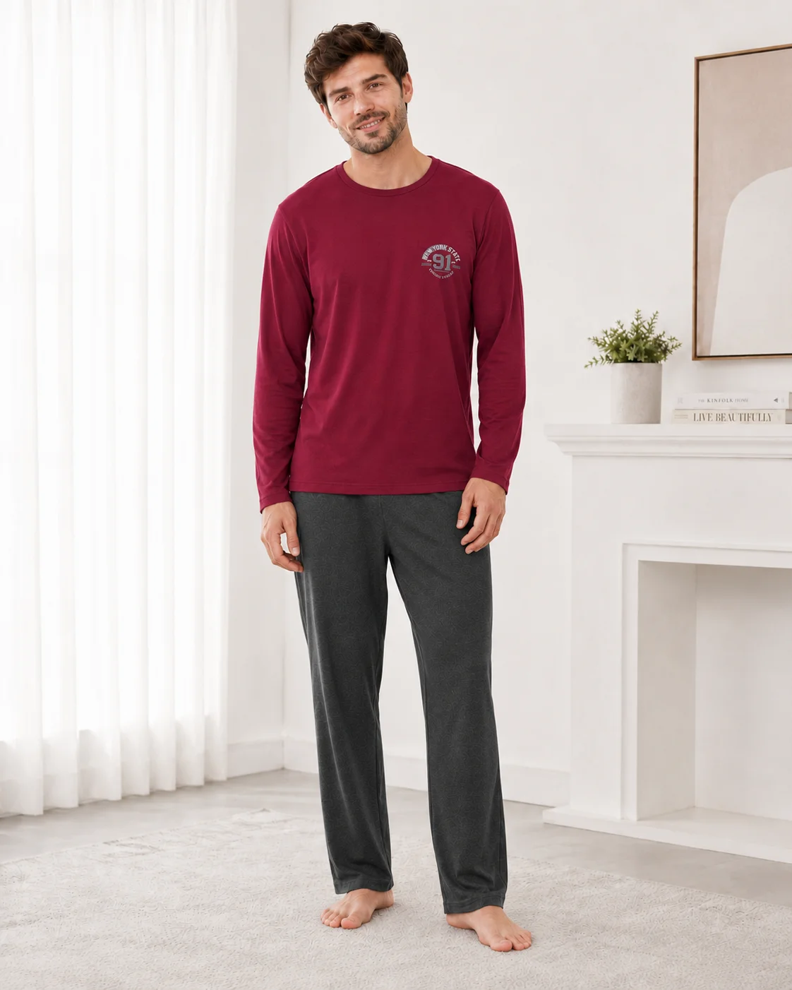 Pijama Bărbați cu Mânecă Lungă, Bluză Vișinie cu Imprimeu și Pantalon Lung Gri, Imbracaminte de Casa