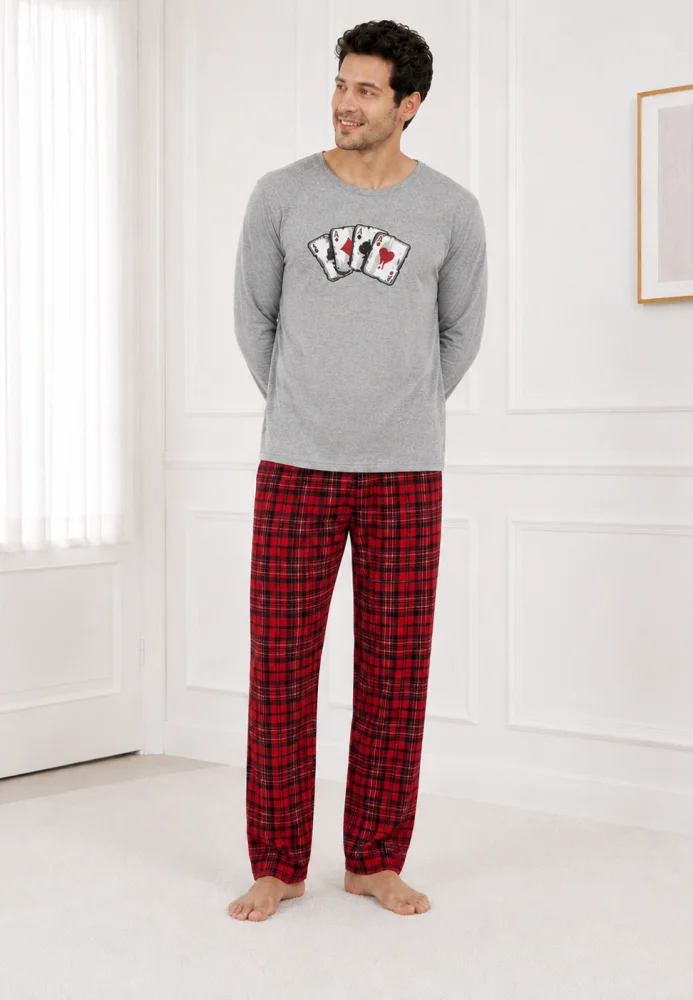 Pijama Bărbați cu Mânecă Lungă, Bluză Gri cu Imprimeu Cărți de Joc și Pantalon în Carouri, Gri / Roșu