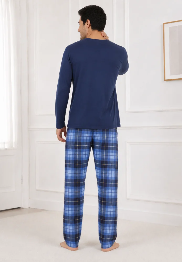 Pijama Bărbați cu Mânecă Lungă, Bluză cu Imprimeu Cărți de Joc și Pantalon în Carouri