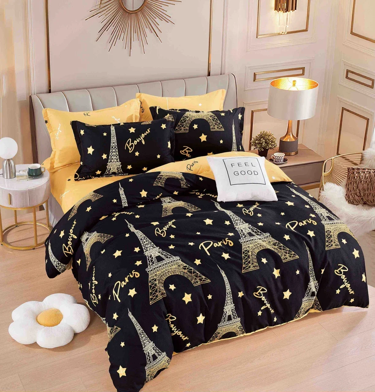 Set Lenjerie de Pat Dublu Finet, 6 Piese – Cearceaf Pilotă, Cearceaf Pat și Fețe de Pernă, Model Paris Negru-Auriu — imagine 2