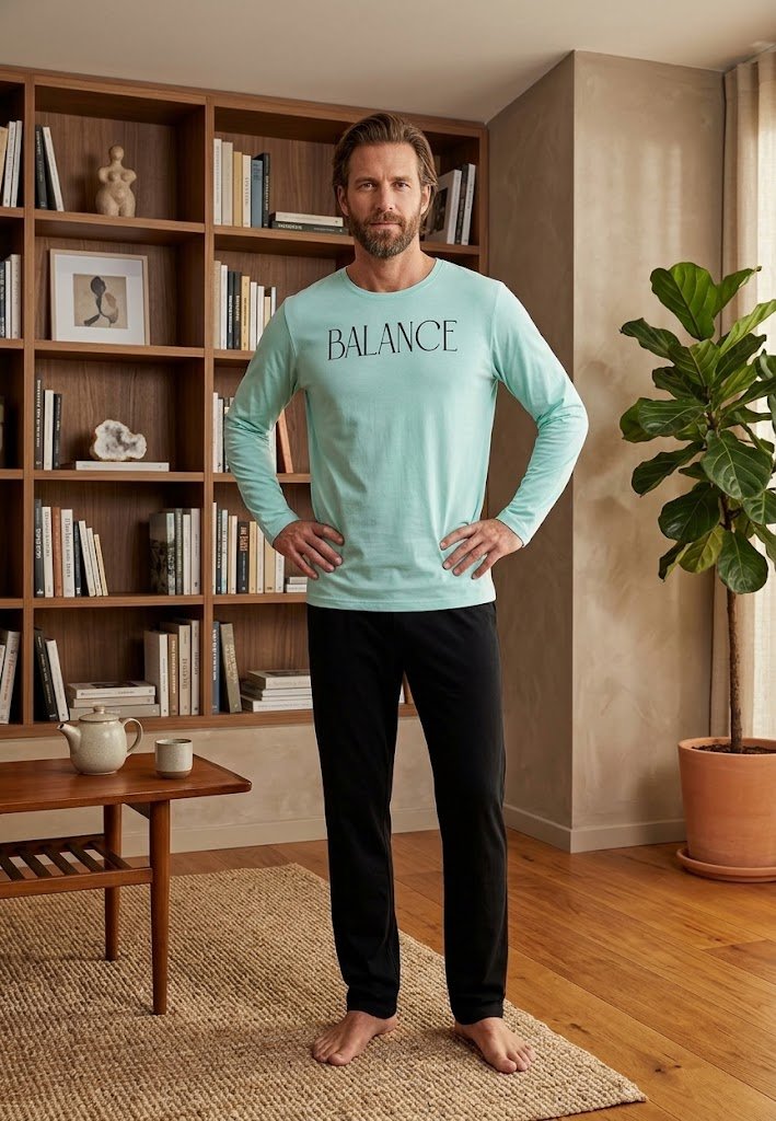 Pijama bărbați, bluză albastru deschis "BALANCE" și pantaloni negri,maneca lunga