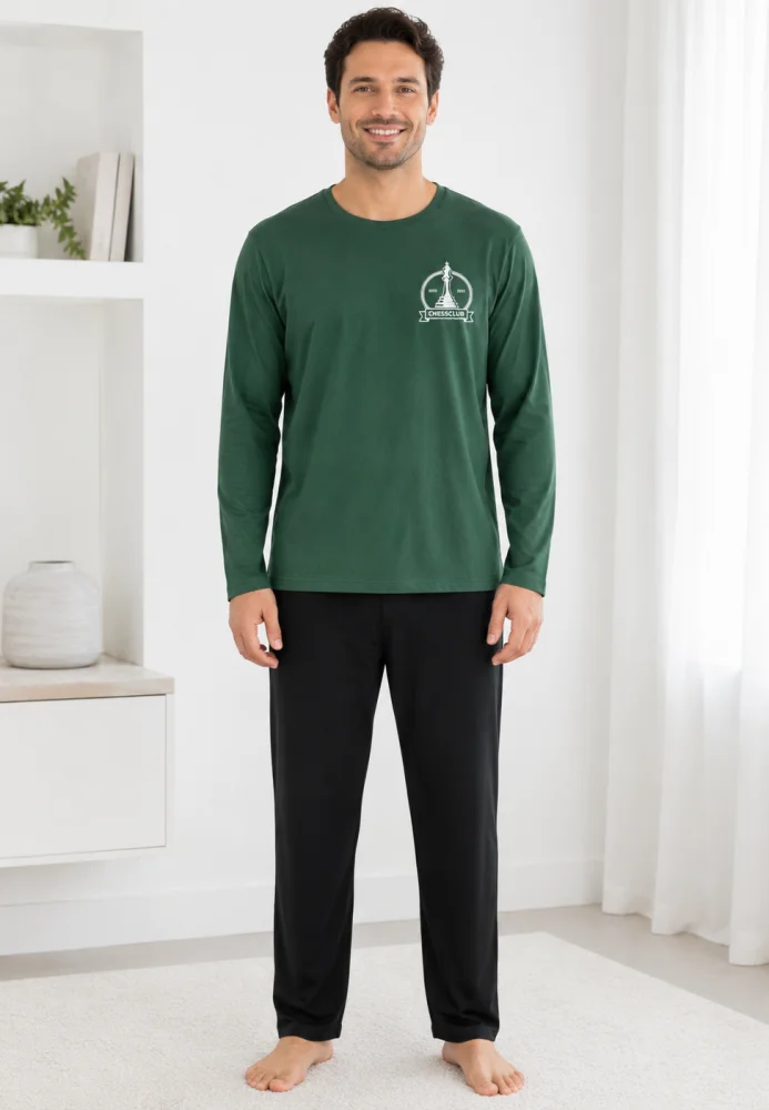 Pijama barbati cu maneca lunga si pantalon lung-Verde — imagine 4