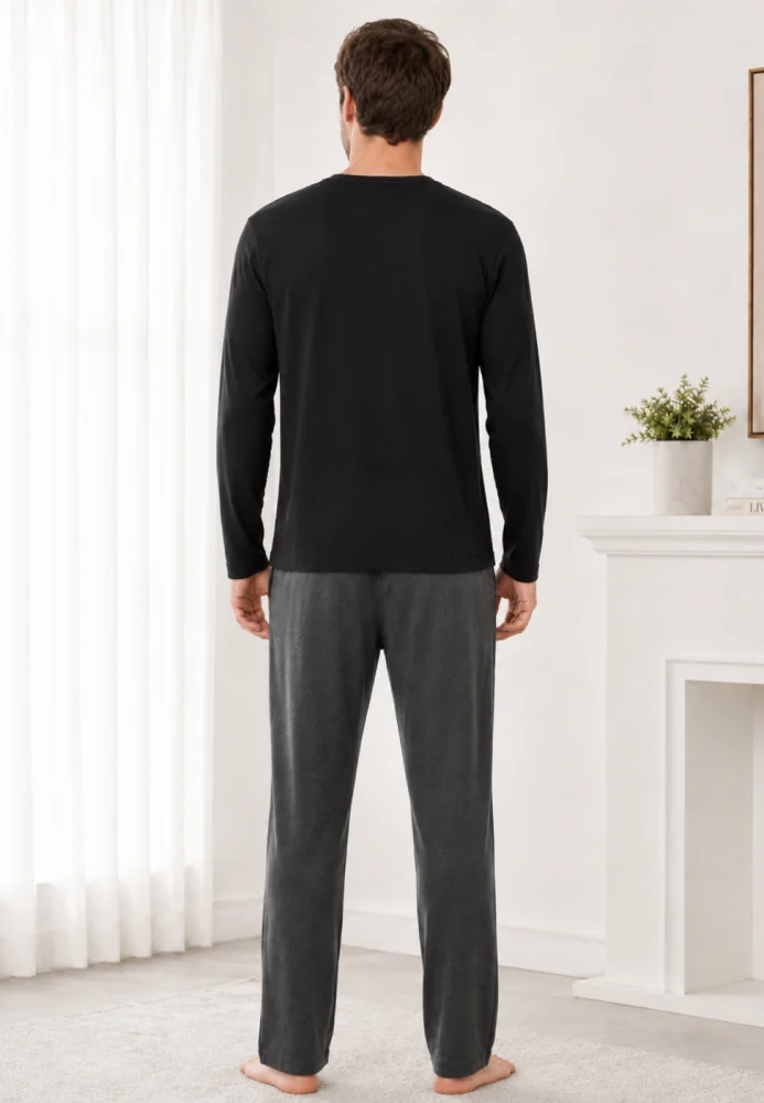 Pijama Bărbați cu Mânecă Lungă, Bluză Neagră cu Imprimeu și Pantalon Lung Gri