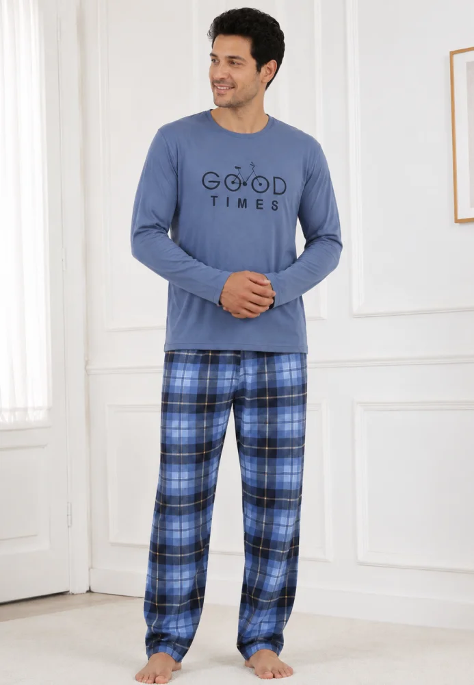 Pijama Bărbați cu Mânecă Lungă, Bluză cu Imprimeu Text și Pantalon în Carouri