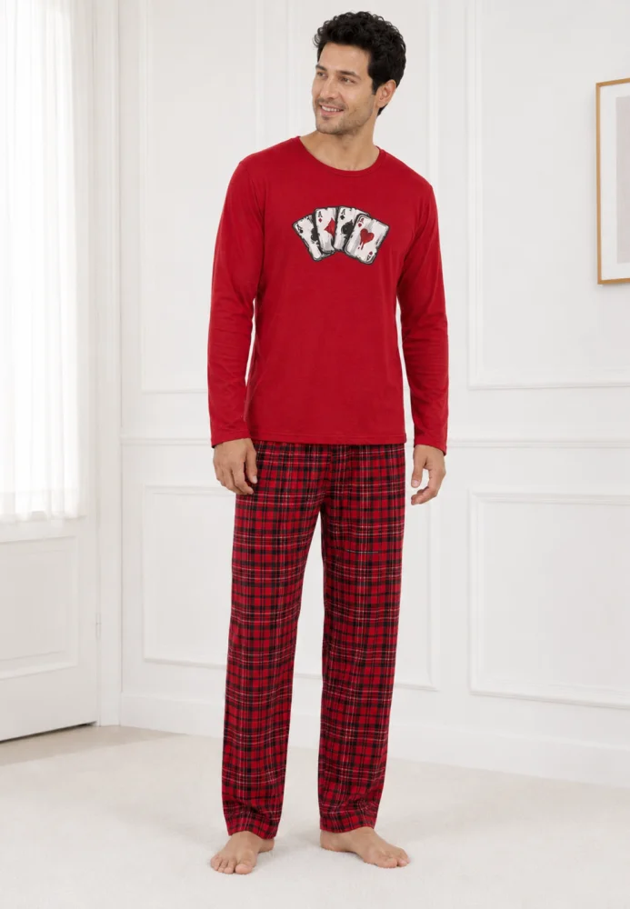 Pijama Bărbați cu Mânecă Lungă, Bluză Roșie cu Imprimeu Cărți de Joc și Pantalon în Carouri, Roșu / Negru