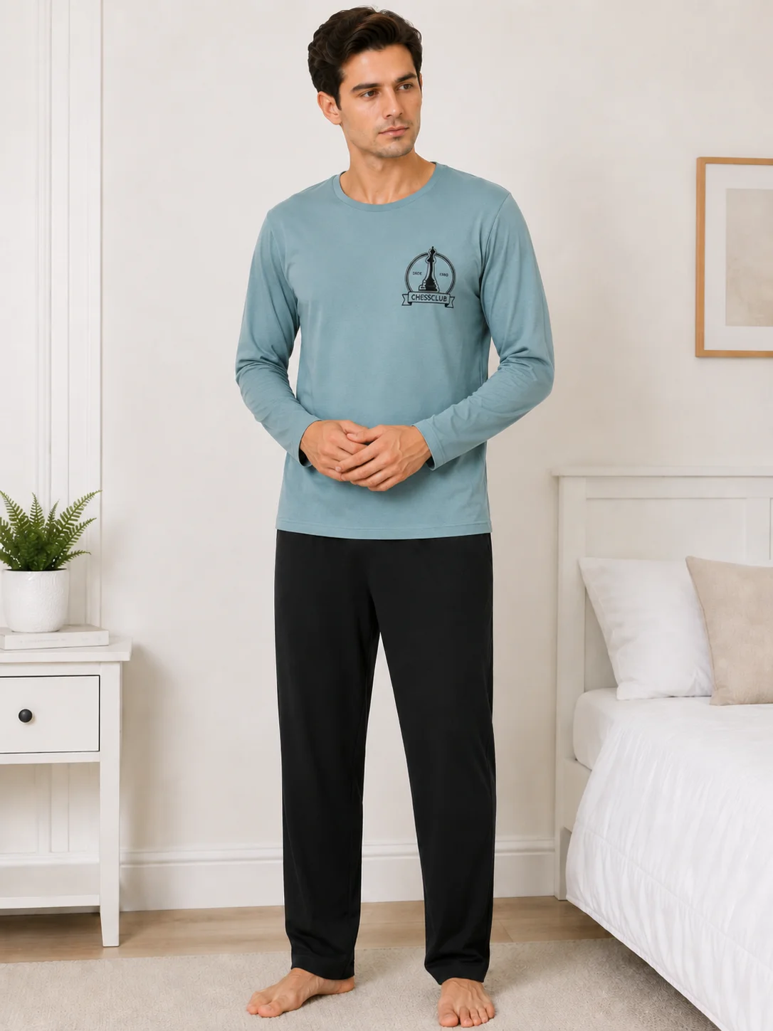 Pijama barbati cu maneca lunga si pantalon lung-albastru deschis — imagine 1