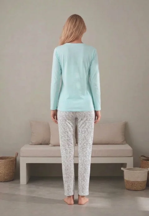Pijama dama maneca lunga pantalon lungi turcuaz print Glamur — imagine 2