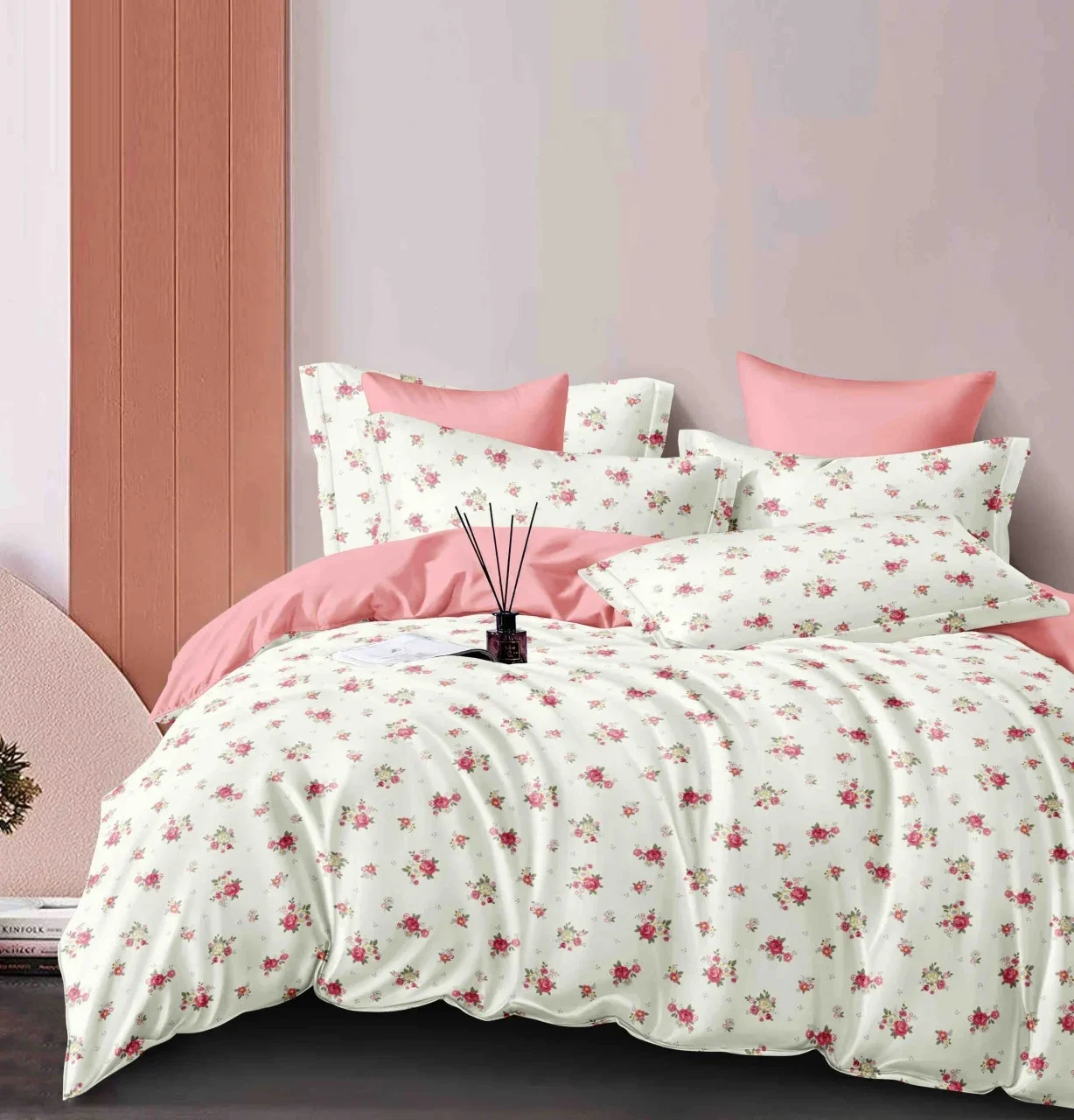Set Lenjerie de Pat Dublu Finet, 6 Piese – Cearceaf Pilotă, Cearceaf Pat și Fețe de Pernă, Model cu Trandafiri Roz pe Fundal Crem — imagine 2