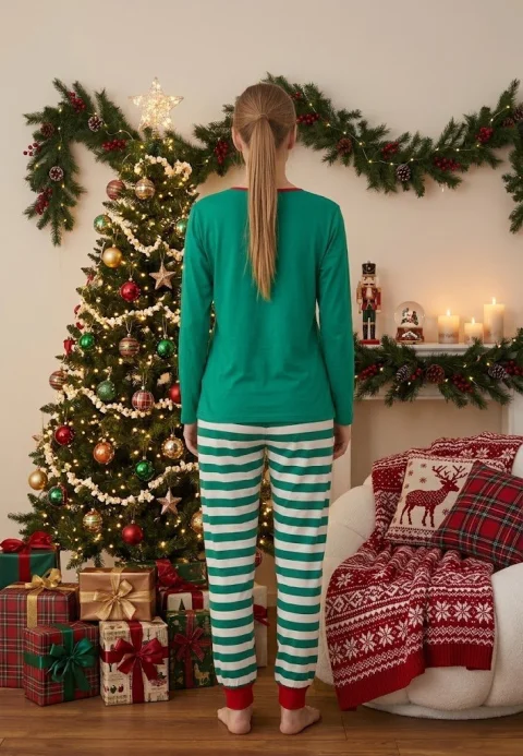 Pijama Dama Craciun Verde Maneca Lunga Pantalon Lungi Merry Christmas — imagine 2