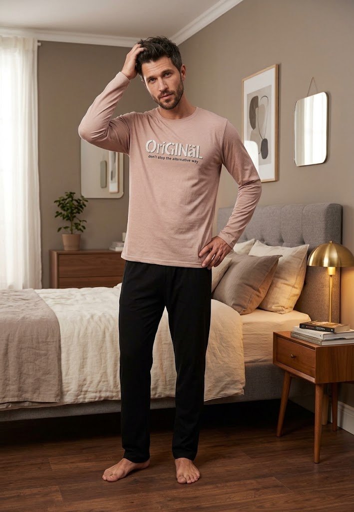 Pijama barbati ORIGINAL, bluza nud si pantaloni negri