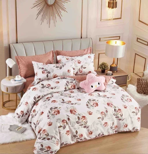 Set Lenjerie de Pat Dublu Finet, 6 Piese – Cearceaf Pilotă, Cearceaf Pat și Fețe de Pernă, Floral Roz Pudră — imagine 1