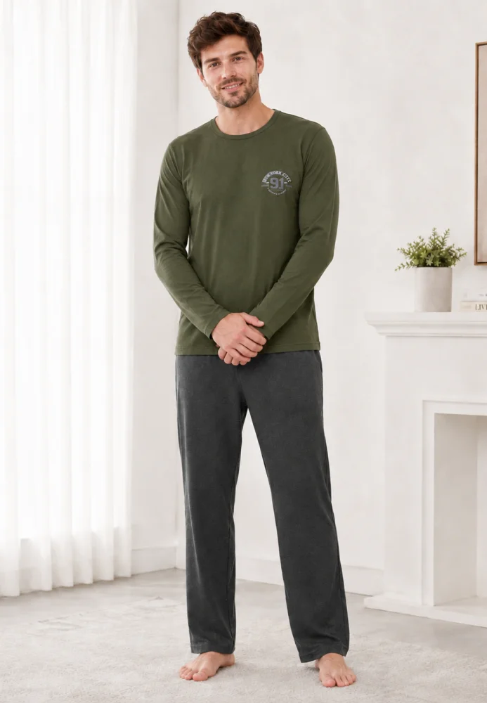 Pijama Bărbați cu Mânecă Lungă, Bluză Verde Militar cu Imprimeu și Pantalon Lung