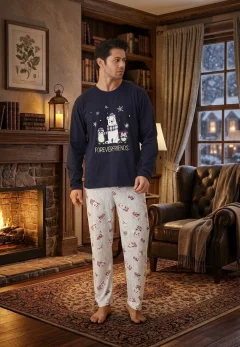 Pijama craciun pentru Bărbați – Bluza Albastru Închis cu Urs Polar și Pantaloni Imprimați